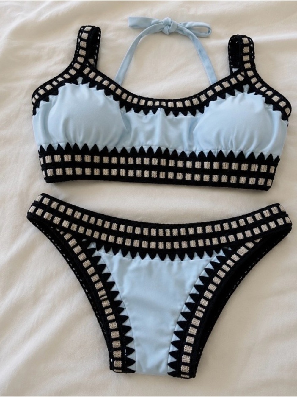 Bar III Light Blue and Black Crochet Trim Bikini Set